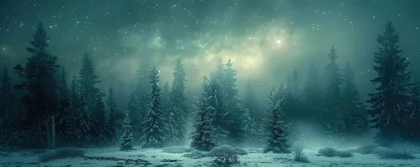 Crédence de cuisine en verre imprimé Vert bleu Northern lights over a snow-covered forest, a mystical backdrop for the nocturnal life of arctic animals 