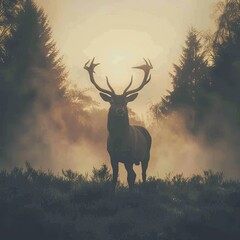 Noble stag in misty forest at dawn, symbolizing wilderness and animal majesty in their natural habitat