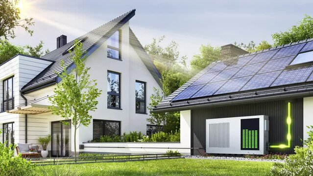 Modern house with solar panels and storage batteries
