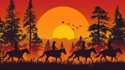 Fototapeta na wymiar Silhouettes of cowboys riding horses at sunset