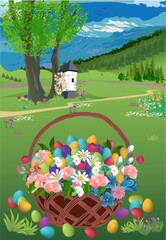 landscape with a small chapel under a tree and an Easter basket - 748041085