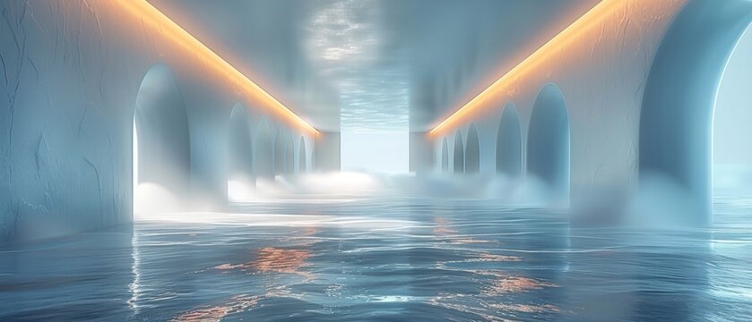 The tunnel leads to light in a white futuristic style. Wide-angle shot. Abstract 3D rendered background in a modern style.