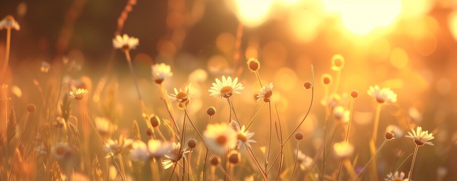 Glowing wild daisies bask in the warm sunset light, creating a serene and picturesque golden hour landscape