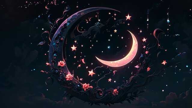 Video animation of  crescent moon surrounded by stars, flowers, and vines against a dark, starry sky. The moon emits a soft glow, illuminating the intricate details of the surrounding elements