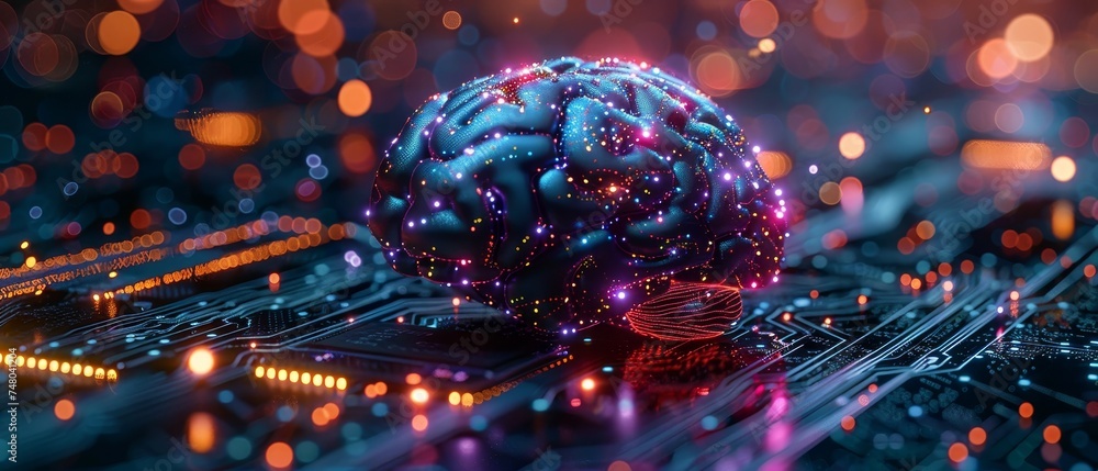 Poster Futuristic Cyber Technology Innovation. Artificial Intelligence represented by a printed circuit board (AI).