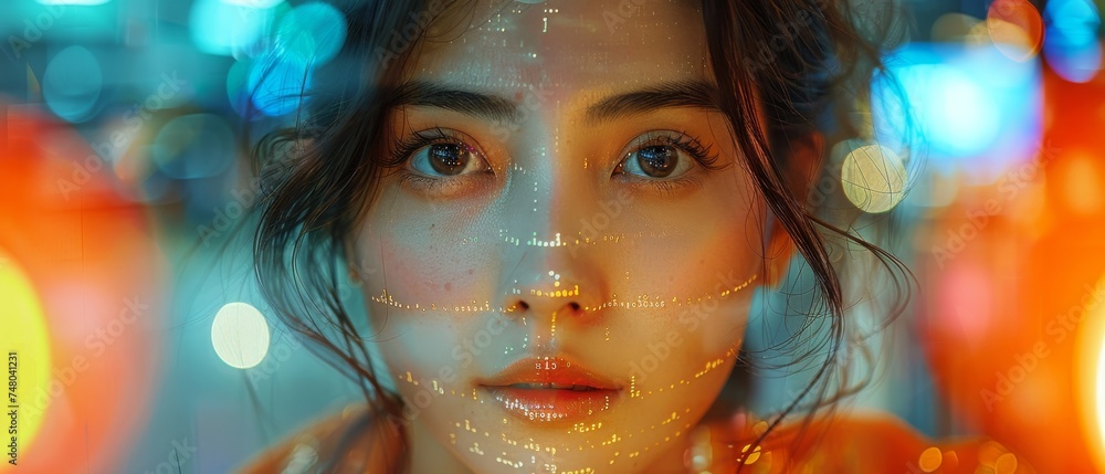 Aufkleber Digital Entrepreneur Asian Female Working on Computer with Lines of Code Projected On Her Face. Software Developer Working on Innovative e-Commerce App with Big Data and Artificial Intelligence