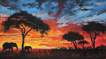 Vibrant safari sunset with silhouetted elephants and acacias, capturing the essence of wild Africa, serene yet alive - obrazy, fototapety, plakaty