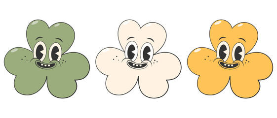 Obraz premium Trendy retro cartoon character clovers with three leaf in Irish flag colors.Green, white and orange clovers.Happy Saint Patrick's Day.Groovy style,vintage,70s 60s.Vector illustration EPS 10