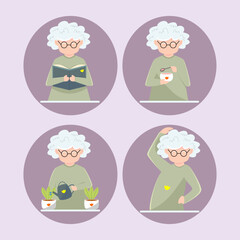 Elderly lady is reading, watering plants, eating and doing basic exercise vector illustration set.