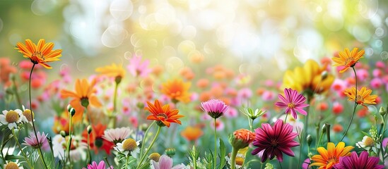 A field filled with a variety of colorful flowers fills the frame, with a blurred background creating a sense of depth and perspective. The flowers stand out vividly against the soft, out-of-focus
