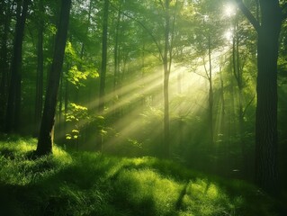 The sun's rays pass through the foliage of the trees in the forest