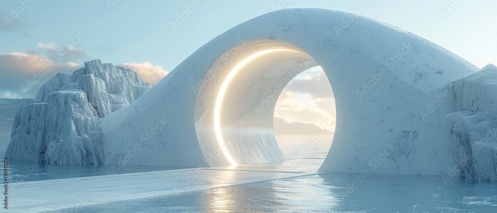 Poster an abstract 3d rendered background depicting an abstract white tunnel leading to light in a wide ang