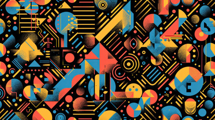 Colorful Geometric Shapes and Lines on a Dark Background: A Vibrant Abstract Art