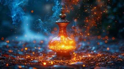 A Genie Comes Out Of A Bottle In The Wish Lamp - obrazy, fototapety, plakaty