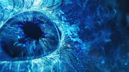 Cyber eye in ethereal blue scanning for threats, symbolizing cybersecurity vigilance, ideal for security tech ads.