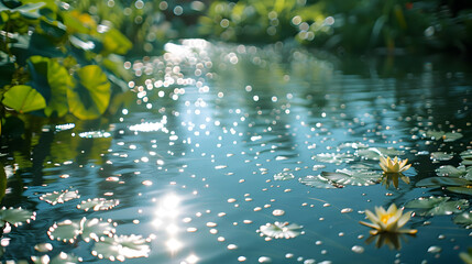 Fototapeta premium A tranquil garden pond, with shimmering water as the background, during a peaceful summer afternoon