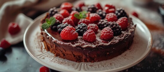 A rich chocolate cake topped with fresh raspberries and blackberries, creating a delicious and visually appealing dessert. The berries add a burst of tartness to complement the sweetness of the cake.