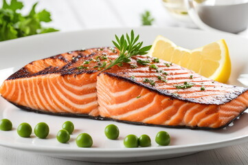 Perfectly Grilled Salmon Steak with Lemon on White Plate