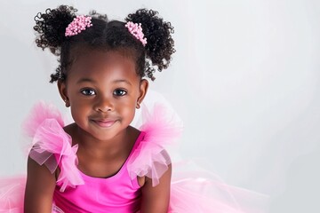 Close up Portrait of a little african girl in a vivid pink ballerina tutu posing isolated on a white background