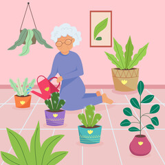 Elderly lady watering plants at home, take care of plants.
