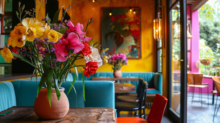 Fototapeta na wymiar Waiting area with flowers in a restaurant 1