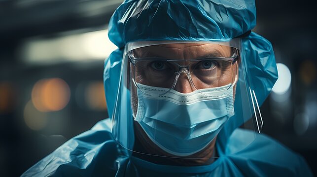 A close-up shot of a medical doctor wearing a surgical mask and gloves, performing a precise surgical procedure, highlighting expertise and focus, captured in high-definition detail
