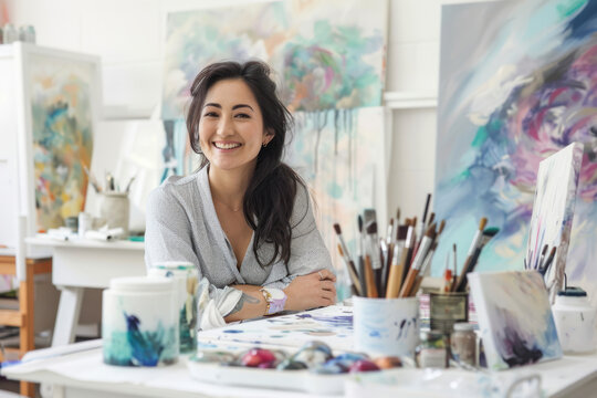 Creative artist in a white studio, surrounded by canvases and art supplies, smiling as she works.