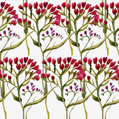 WatercolorSeamless Spring pattern with Red Flowers on a light background. Watercolor endless ornament with spring herbs. Fabric, texture, background for bed linen, wallpapers, napkins, wrapping paper.