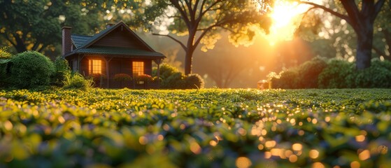 Taking a break from work to enjoy the garden. Green lawn. Small house. Sunrise in the garden at dawn. Wooden house. 3D render of a wooden house. - obrazy, fototapety, plakaty