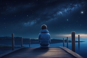 lonely boy sits on pier at night on sea background and starry sky - obrazy, fototapety, plakaty