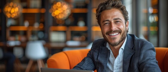 Entrepreneur smiling and bearded in formal business suite sitting on orange armchair with laptop in luxury office environment - obrazy, fototapety, plakaty