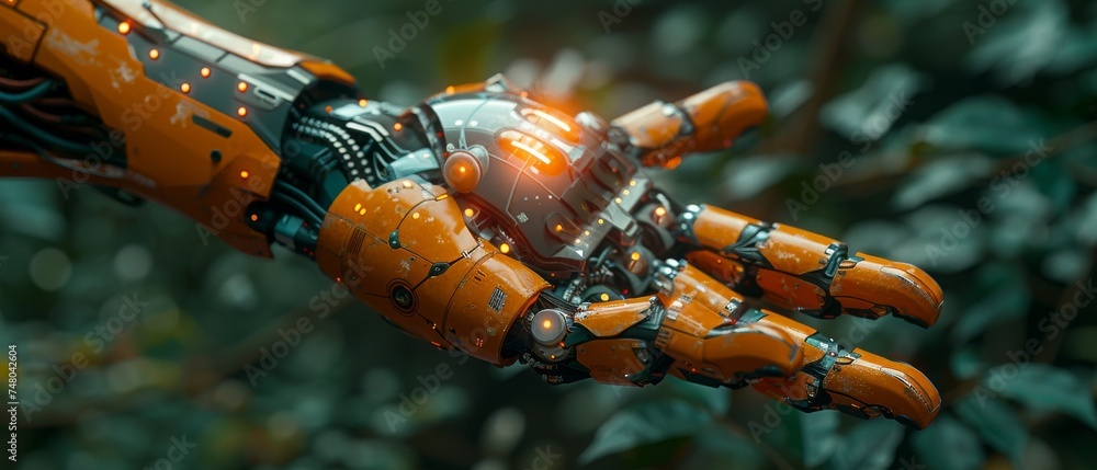 Poster The hand-touching digital chatbot provides access to information and data in the online network, robot applications and global connections, artificial intelligence and innovation.