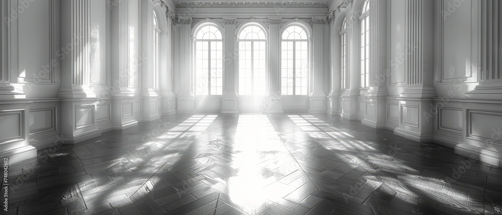 Poster the architecture of a white empty room with a dark laminate floor, with a classic interior style and