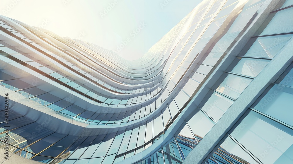 Poster the view of a futuristic skyscraper with curve glass windows is taken from a low angle.