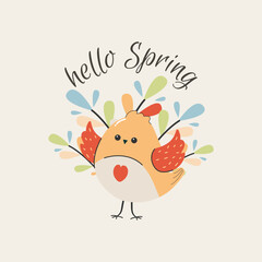 Hello spring. Square postcard, sticker, poster, print, patch. Positive spring vector illustration with a singing bird and beautiful flowers, eps10