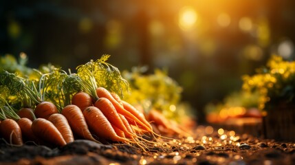 Vibrant carrot plants growing in garden bed with detailed view and space for text. - obrazy, fototapety, plakaty