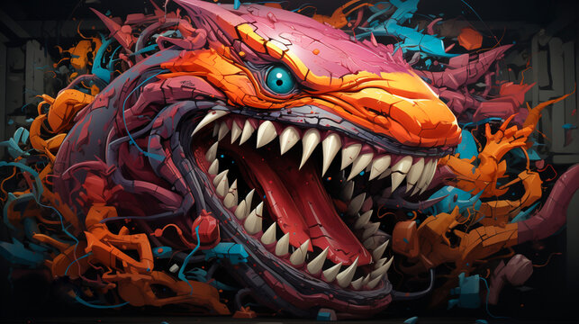Colorful graffiti with a 3D shape of a snake monster with its mouth open and an evil expression. Illustration of a monster with threatening teeth in pink, orange and blue colors, Street art on walls.
