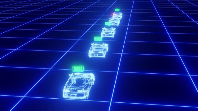 電欠で止まったバッテリーEVによって後続車が次々と電欠になってゆくアニメーション
