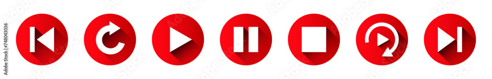Poster vector button icons play, pause, repeat, previous, next. set of symbols for playback with shadow in 
