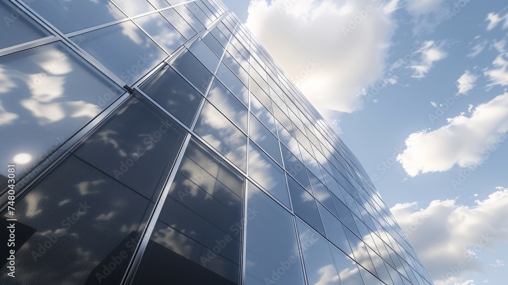 Fototapete High-rise building viewpoint with steel windows and clouds reflected on the glass. Business concept for future architecture. 3D rendering.