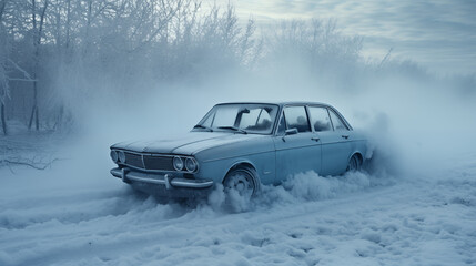 Fototapeta na wymiar Winter's Grasp: Vintage Car in Snowy Haze