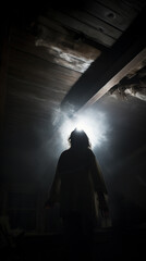 Eerie specter from Ringu breaking through ceiling with intense - obrazy, fototapety, plakaty