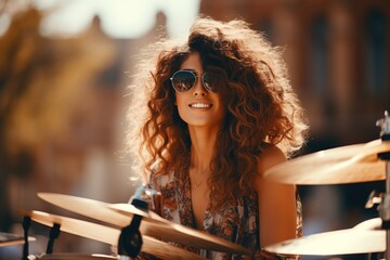 Beautiful curly girl in sunglasses playing drums on the street on a sunny day