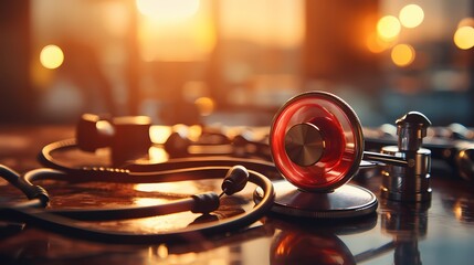 A close-up shot of a stethoscope and a medical heart symbol, with sound waves emanating from the heart, representing cardiac health and auscultation, captured in high-definition precision - obrazy, fototapety, plakaty