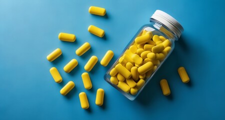  Yellow capsules in a clear jar on a blue background