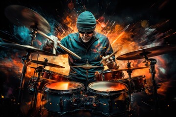 Fototapeta na wymiar Drummer playing drums on a dark background with fire and smoke.