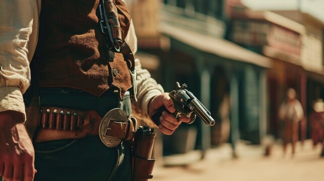 Cowboy with gun in wild west city, cinematic footage 