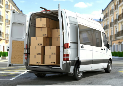 Delivery van with open doors Loaded with Cardboard Boxes. Moving And Delivery concept.