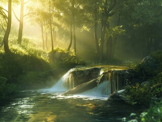 Waterfall on the river in the forest in the morning