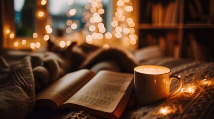 Cozy Reading by Soft Light: a book and a cup of coffee